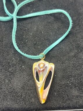 Hand Crafted Iridescent Shell Pendant on Turquoise Cord
